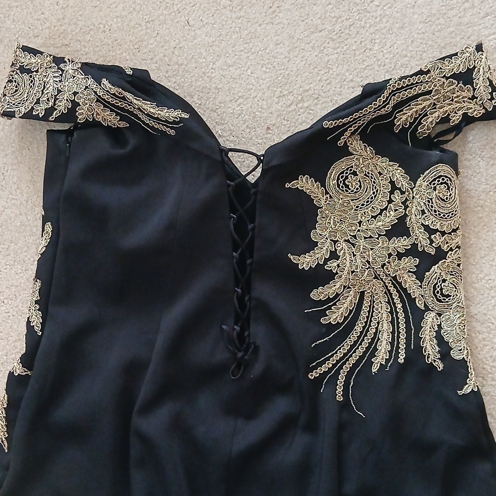 Black and Gold Asymmetrical Embellished Prom Gown - Picture 4 of 10